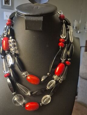 Chico's Multi-Strand Red, Black & Clear Beaded Acrylic Necklace